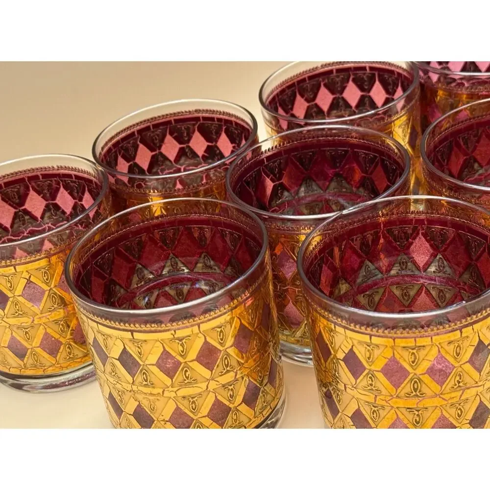🥃 Vintage Mid Century Amber Gold Pattern Rocks Glasses Set of 8